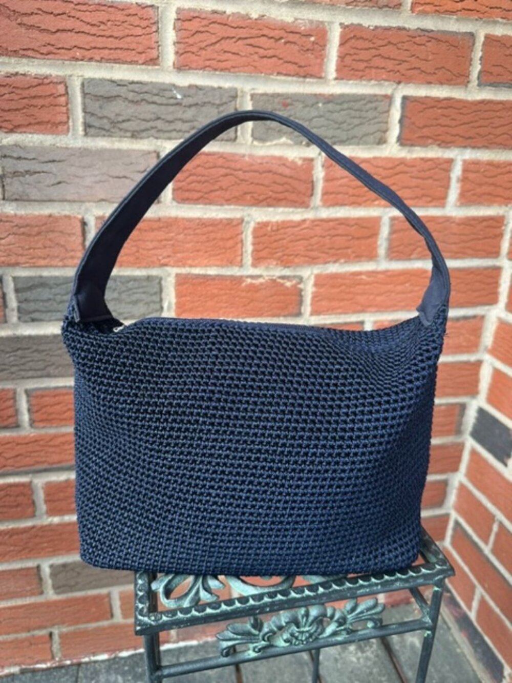 The Sak Woven Crochet Navy Shoulder Bag w/Nylon Strap, Hobo, Boho Purse